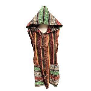 Lakhays Tunic Vest Woven Striped Print Large Boho Hooded